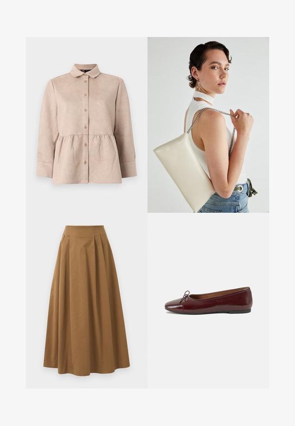 Bežā zamšā kleita ar apkakles kaklu, pogu priekšpusi un pepluma jostu. Ievērojamas garas piedurknes un gluda tekstūra ar nelielām pogām.; Brūna kokvilnas A formas svārki ar augstu jostasvietu, kurai priekšā ir krokas un gluda tekstūra. Apakšmala ir tīra un vienkārša.; Burgundijas laku ādas baleta kurpes ar noapaļotu purngalu, nelielu loku akcentu priekšā un zemu melnu gumijas zoli. Gluda tekstūra.; Balts taisnstūra clutch soma, izgatavota no spīdīga materiāla, ar sudraba ķēdes siksnu. Modelis pozē, demonstrējot somu uz vienkārša fona.