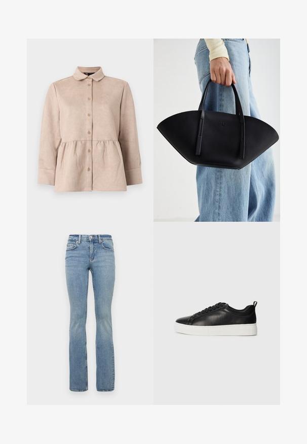 Beige suede shirt with a collared neck, button front, and peplum waist. Features long sleeves and smooth texture with small buttons.; Light blue denim flared jeans with a mid-rise waist, featuring five-pocket design, belt loops, and subtle fading on the thighs.; Black leather sneaker with a smooth finish, white rubber sole, round toe, and lace-up design. Features a pull tab at the heel.; Black leather handbag with a unique fan shape, featuring flat handles. The surface has a pebbled texture and a minimalistic design.