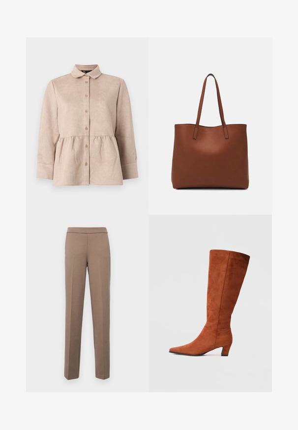 Bežā zamšā kleita ar apkakles kaklu, pogu priekšpusi un pepluma jostu. Ievērojamas garas piedurknes un gluda tekstūra ar nelielām pogām.; Brūnas, pieguļošas bikses ar gludu, elastīgu audumu. Taisnas kājas un plakana jostasvieta bez redzamām detaļām vai kabatām.; Brūni zamšveida augstie zābaki līdz ceļiem ar smailu purngalu un mazu blokveida papēdi, ar gludu tekstūru un minimālistisku dizainu.; Brūna ādas iepirkumu soma ar gludu tekstūru, atvērta augšdaļa un divas plecu siksnas. Izceļas ar minimālām šuvēm un redzamu aparatūru nav.