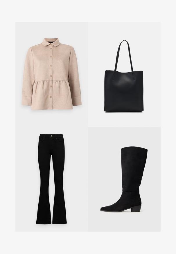 Bézs velúr ing gallérral, gombos elülső résszel és peplum derékkal. Hosszú ujjakkal és sima textúrával rendelkezik, apró gombokkal.; Fekete, magas derekú farmernadrág gomb- és cipzárzárral, elülső zsebekkel és harangszárral, laposan egy fehér háttérre terítve.; Fekete velúr térd fölé nyúló csizma alacsony tömbsarkal és hegyes orral, oldalnézetben, sima világosszürke háttérrel.; Fekete bőrtáska sima felszínnel, téglalap alakú, két hosszú füllel. Nincs látható fémkiegészítő vagy díszítés.