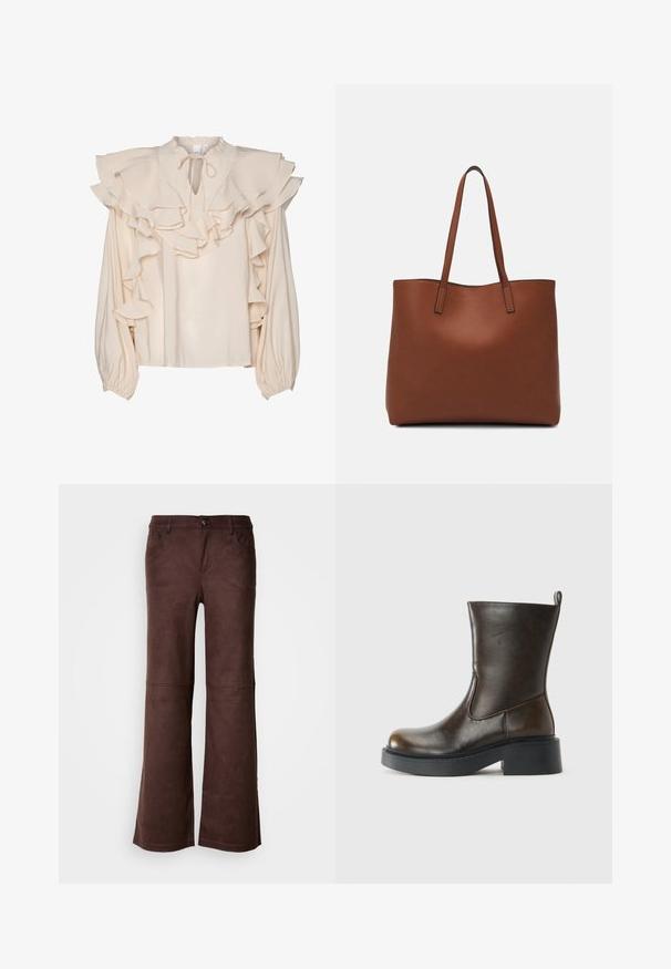 Kremkrāsas blūze ar slāņainām volāniem apkārt kakla un piedurknēm. Izcila apaļa apkakle un sasienama aizdare priekšpusē. Garas, savāktas piedurknes.; Brūnas platās bikses no mīksta, zamšveida auduma. Tās ir aprīkotas ar četrām kabatām, pogām un gludu, teksturētu virsmu.; Tumši brūni pusgarie ādas zābaki ar noapaļotu purngalu, biezu melnu zoli, zemu blokveida papēdi un vilkšanas cilpu aizmugurē.; Brūna ādas iepirkumu soma ar gludu tekstūru, atvērta augšdaļa un divas plecu siksnas. Izceļas ar minimālām šuvēm un redzamu aparatūru nav.