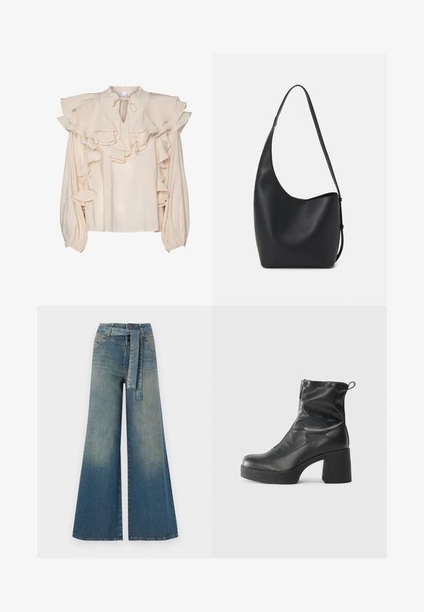 Cream blouse with layered ruffles along the neckline and sleeves. Features a round collar and a tie closure at the front. Long, gathered sleeves.; Wide-leg denim trousers featuring a light to dark blue gradient, high waist, belt loops, and a matching fabric belt. Textured denim finish.; Black ankle boots made of smooth leather, featuring a side zipper, chunky textured heel, and rounded toe design.; Black leather hobo bag with a smooth texture, curved shape, and single adjustable strap; features a wide opening at the top.