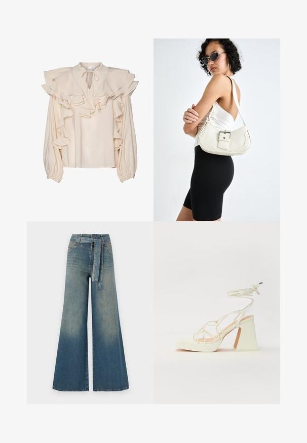 Kremo spalvos palaidinė su sluoksniuotais volanais aplink kaklą ir rankoves. Yra apvalus apykaklė ir raiščio uždarymas priekyje. Ilgos, susikaupusios rankovės.; Platus džinsinis kelnes su šviesiai tamsiai mėlynu gradientu, aukštu juosmeniu, diržo kilpomis ir atitinkančiu audinio diržu. Textūruotas džinsinis paviršius.; Balti aukštakulniai sandalai su masyviu kulnu, su dirželių dizainu ir kulkšnies raiščiu. Lygi tekstūra su platforma priekyje, suteikianti papildomą aukštį.; Balta odinė rankinė su kreiva forma, reguliuojama dirželiu ir mažu sagties akcentu. Modelis vilki priglundančius juodus drabužius.