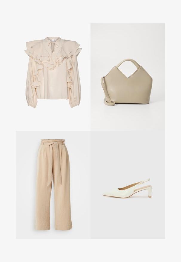 Bluză crem cu volane stratificate pe guler și mâneci. Prezintă un guler rotund și un sistem de închidere cu săndăluță în față. Mâneci lungi, cu elastic.; Pantaloni bej cu croi larg, cu talie belcimetru, fabricați dintr-un material texturat. Au un pliu frontal și o finisare netedă la margine.; Pantofii slingback din piele lăcuită albă, cu vârful ascuțit și toc mic pe bloc. Dispun de o curea subtilă cu un detaliu în nuanță de aur.; Geantă structurată bej cu un vârf în formă de V, din material din piele netedă, cu mânere scurte și o curea lungă, ajustabilă. Design minimalist.