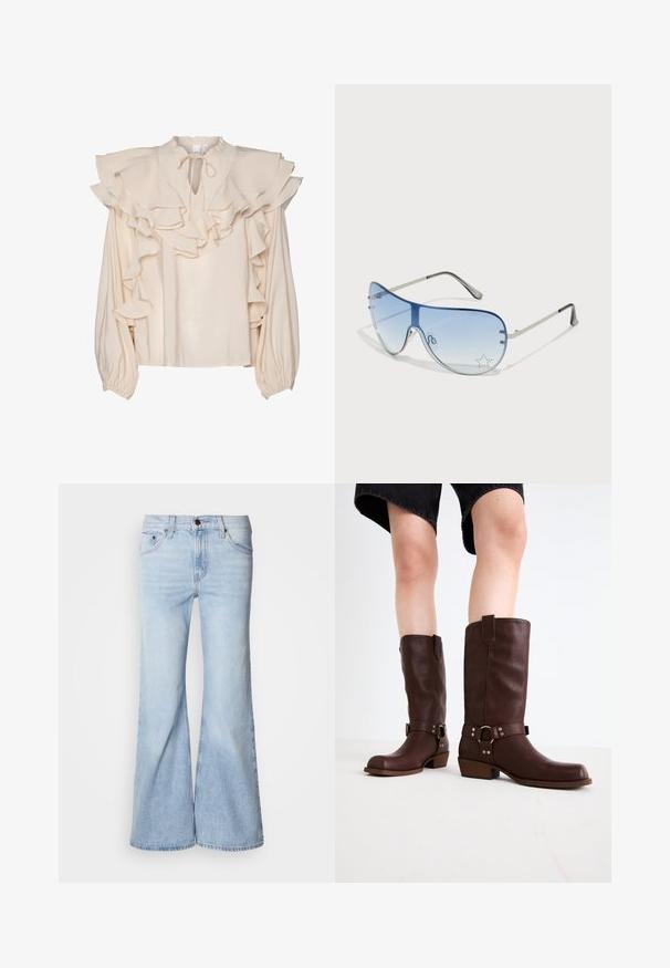 Cream blouse with layered ruffles along the neckline and sleeves. Features a round collar and a tie closure at the front. Long, gathered sleeves.; Light blue flared jeans, featuring a high waist, denim fabric, five pockets, and a button closure. The legs are wide and have a slightly faded finish.; Brown leather knee-high boots with a rounded toe, textured surface, ankle strap, and silver hardware detail; stacked heel.; Aviator sunglasses featuring a gradient blue lens, silver metal frame, and decorative star accents on the lens. Smooth and sleek design.