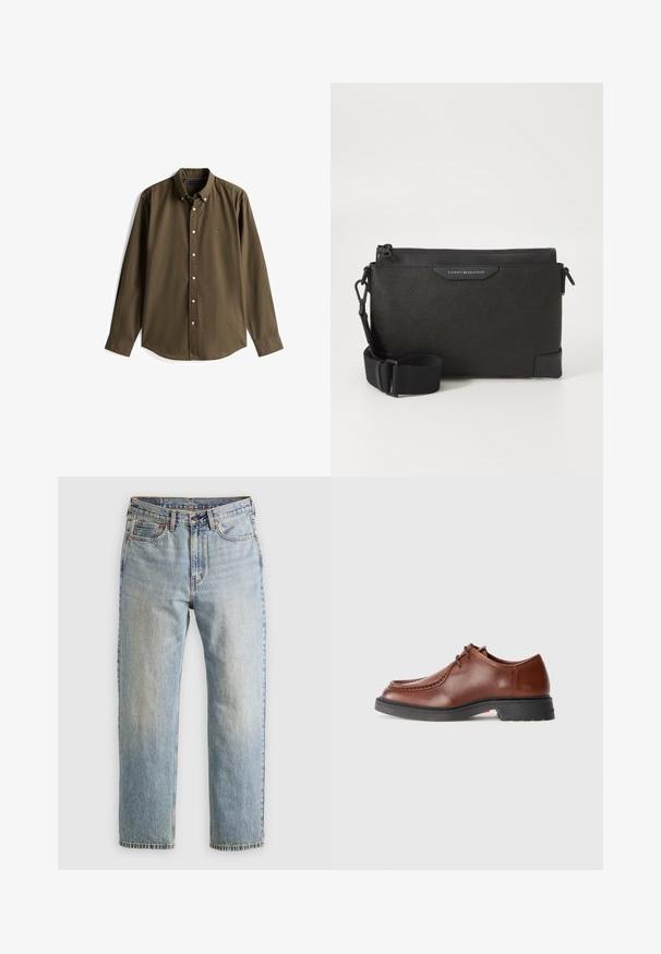 Smeđi dugih rukava košulja na dugme od mješavine pamuka. Ima ovratnik, dužinu s dugmima i logo naglasak na prsima.; Svijetloplave traperice visoki struk, prednji gumb, zatvarač i dizajn s pet džepova, položene ravno na neutralnoj pozadini.; Smeđe kožne cipele za svečane prilike s okruglim vrhom, kontrastnim šavovima, vezanjem i teksturiranom crnom gumenom podlogom.; Crna kožna tašna preko tijela s teksturiranom površinom, sa zatvaranjem na munju i podesivim remenom. Logotip na prednjoj strani. Pravokutnog oblika.