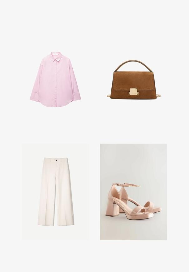 Lyserød langærmet skjorte med lodrette hvide striber, knaplukning foran, klassisk krave, rundet nederste kant og afslappet pasform. Materiale af bomuld.; Cremefarvede bukser med bred benvidde og skræddersyet design, der har to forlommer og en enkelt frontknaplukning, lavet af et glat stof.; Rosa patentlæder højhælede sandaler med blokhæle, åben tå og justerbar ankelrem, der har en glat, blank finish.; Brun ruskind handbag med en gylden firkantet spænde, top-håndtag og kæderem. Har en rektangulær form og afrundede kanter.