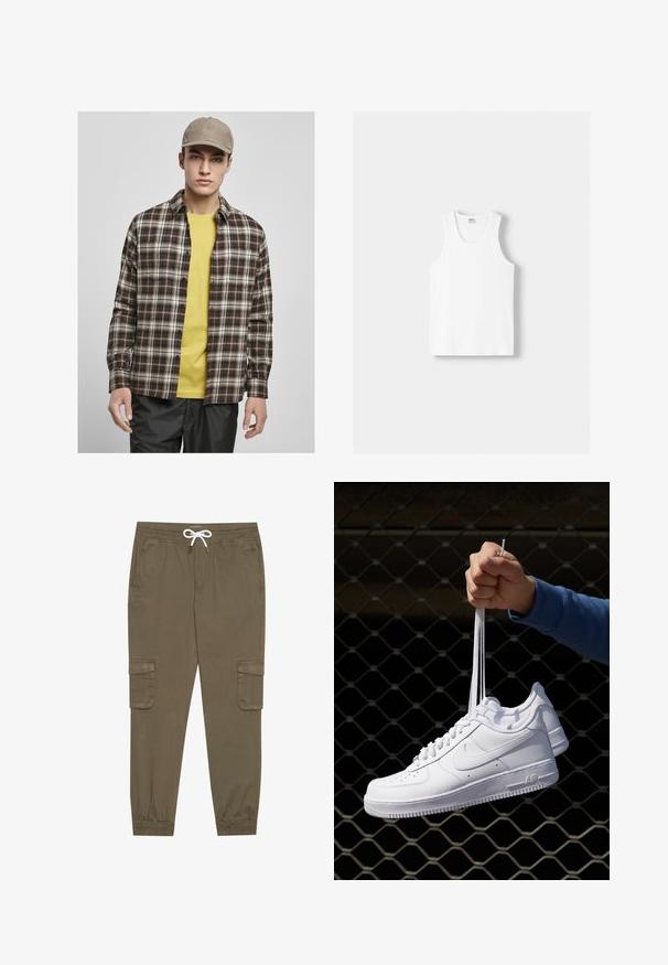 Urban Classics ROOTS - Overhemd - darkground/warmsand; Witte katoenen tanktop met een ronde halslijn, brede schouderbanden en een rechte zoom, met een gladde textuur en zonder zichtbare patronen.; Khaki cargobroek met een elastische tailleband en trekkoord, voorzien van zijzakken en afgeknipte enkels. Gemaakt van een gestructureerd, lichtgewicht materiaal.; Witte leren sneakers met perforaties, ronde neus, vlakke zool en dikke veters, met een zichtbare swoosh-logo en "AIR" op de hiel.