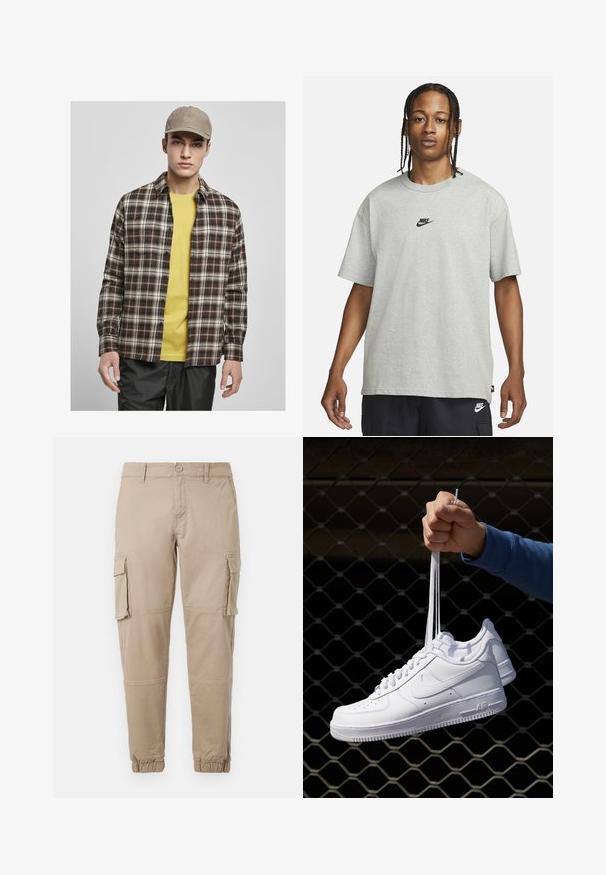 Urban Classics ROOTS - Chemise - darkground/warmsand; Jeune personne avec des cheveux tressés portant un t-shirt Nike gris clair et un short Nike noir sur un fond blanc uni.; Pantalons cargo beiges en coton léger. Comprend des poignets élastiques, plusieurs poches latérales et une fermeture à bouton.; Baskets en cuir blanc avec perforations, à bout rond, semelle plate et lacets épais, arborant un logo swoosh visible et "AIR" sur le talon.