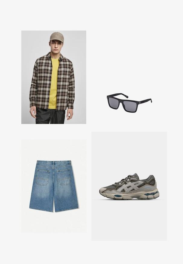 Urban Classics ROOTS - Srajca - darkground/warmsand; Denim kratke hlače v svetlo modri barvi s sproščenim krojem, ki imajo dve zadnji žepu in vidne šive. Tkanina ima mehak in gladek teksturo.; Sive in bež športni čevlji z mrežnimi paneli, pikčasto teksturo in srebrnimi akcenti. Imajo oblazinjeno podplat in vezalni dizajn.; Črne pravokotne sončne očala z temnimi lečami, mat finišem in logotipom na nosilcu. Oblikovanje vključuje ravne robove in debele okvirje.