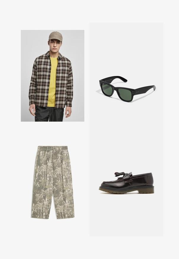 Urban Classics ROOTS - Vapaa-ajan kauluspaita - darkground/warmsand; Vihreät ja beige camouflaged lehden ja kuoren kuvioiset cargo-housut, joissa on leveät lahkeet, etutaskut ja vyölenkit.; Ruske nahkate loafere z woveno zasnovo, z detajlom v obliki resic in ravnim gumijastim podplatom. Imajo gladek zaključek in kontrastno šivanje.; Mustat suorakulmaiset aurinkolasit vihreillä linsseillä, mattapinta, hienovaraiset metalliosat ja kohokuvioitu logo sankassa.; Oliivinvihreä kassi, jossa on kaksinkertaiset kahvat ja säädettävä olkahihna. Sisältää päässä vetoketjullisen osaston ja etupuolella vetoketjullisen taskun.