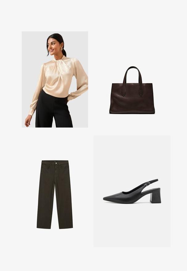 Blusa drappeggiata color beige chiaro con maniche lunghe e colletto arricciato; texture liscia e lucida. Indossata con pantaloni neri aderenti.; Jeans a gamba larga di colore verde scuro, realizzati in tessuto misto cotone, dotati di chiusura con bottone frontale, cinque tasche e cuciture classiche in denim.; Scarpa con tacco slingback in pelle nera, con punta appuntita e tacco a blocco chunky. Presenta una tracolla regolabile con fibbia in metallo.; Borsa a spalla in pelle marrone con due manici lunghi, forma rettangolare strutturata, texture liscia e dettagli di cucitura sottili.