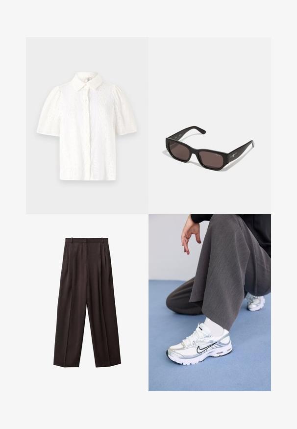 White short-sleeve shirt with a collared neck, featuring lace details, textured patterns, and a button-down front design.; Wide-leg trousers in dark brown fabric. Features include pleats at the front, a waistband with belt loops, and side pockets. Smooth texture.; White and silver athletic shoes with mesh and synthetic materials, featuring black accent lines, laces, and textured soles.; Black rectangular sunglasses with dark lenses. Features a smooth plastic frame and logo detail on the temple. Clean, modern design.; Burgundy handbag made of synthetic material with a structured design, featuring a detachable strap and a floral-patterned scarf tied to the handle.
