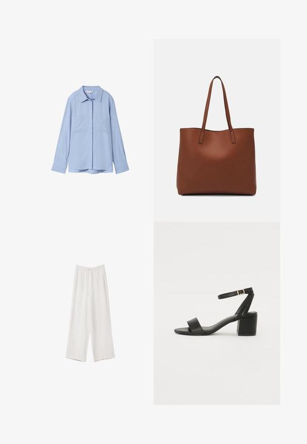 Light blue long-sleeve shirt made of soft fabric, featuring a pointed collar, button closure, and two front pockets.; White wide-leg trousers made from a lightweight fabric. Features an elastic waistband with a drawstring and side pockets. Smooth texture.; Black heeled sandal featuring a smooth leather upper, an open toe, wide front straps, and adjustable ankle strap with a gold buckle detail.; Brown leather tote bag with a smooth texture, open top design, and two shoulder straps. Features minimal stitching and no visible hardware.