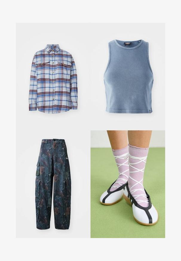 Karirani sako u svijetloplavoj boji, s crvenim i mornarsko plavim prugama, dva džepa na prsima i zlatnim detaljima na dugmadima. Mekana tekstura tkanine.; Svijetloplava rebrasta kratka majica s okruglim izrezom i bez rukava. Glatka tekstura i mali logotip na rubu.; Maskirne cargo hlače u tamnozelenoj i smeškoj boji, sa višestrukim džepovima i slobodnim krojem, izrađene od laganog, izdržljivog materijala.; Bijele ravne cipele s crnim obrubom i potplatom, uparene s svijetlopurpurastim rebrastim čarapama koje imaju bijele križne trake. Postavljene na zelenoj pozadini.