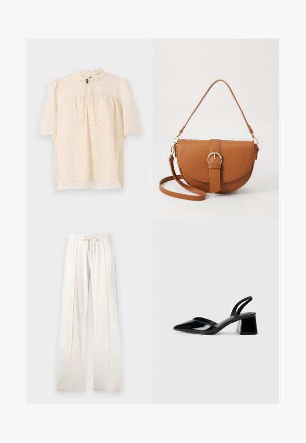 Helebees beez blouse puffidega varrukate ja tekstureeritud kangaga, millel on peened täpid, võtmeaugu kaelus sidumiseks ja pitsäär yoke'i ääres.; Heledad beežid püksid, mis on valmistatud pehmest kangast, millel on paelaga vöökoht, laiad sääred ja vertikaalsed õmblused, lisaks sujuv tekstuur.; Mustad musta lakknahk kingad, millel on terav varvas ja geomeetriline plokkkonts. Omab elegantselt minimalistlikku disaini ja sujuvat tekstuuri.; Pruun nahast õlakott, millel on kumer kuju, kullavärvi riistvara ja pandlaga kaunistus. Omab eemaldatavat õlarihma.