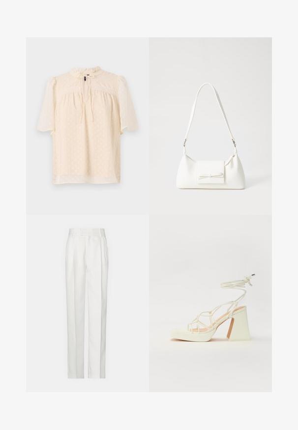 Lyse beige bluse med puffede ærmer, tekstureret stof med subtile prikker, nøglehulshalsudskæring med bånd og blondekant langs bærestykket.; Hvide stikstribede bukser med et lige ben-design, lavet af et let stof. Har foldninger foran og et traditionelt liv.; Hvide højhælede sandaler med en kraftig hæl, der har et stropdesign og ankelbinding. Glat tekstur med en platform foran for ekstra højde.; Hvid syntetisk håndtaske med en trekantet form, flad forsideklap og sløjfedetalje, justerbar strop, glat tekstur og minimalistisk design.