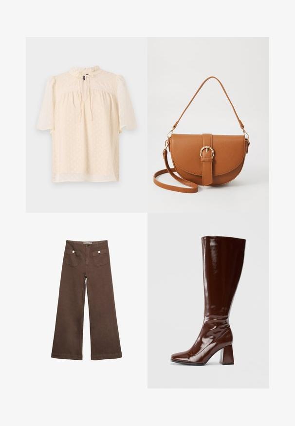 Hellbeige Bluse mit Puffärmeln, strukturierter Stoff mit dezenten Punkten, Schlüsselloch-Ausschnitt mit Bindeverschluss und Spitze entlang des Schulterbattes.; Braune weit geschnittene Hosen aus Baumwolle, mit zwei Fronttaschen mit silbernen Knöpfen und einer glatten Textur.; Knöchelhohe braune Lacklederstiefel mit quadratischer Spitze, glänzender Oberfläche und stabilen Blockabsätzen. Nahtloses Design ohne sichtbare Beschläge.; Braune Leder-Crossbody-Tasche mit geschwungener Form, goldfarbenen Beschlägen und einer Schnallenakzentuierung. Verfügt über einen abnehmbaren Schultergurt.