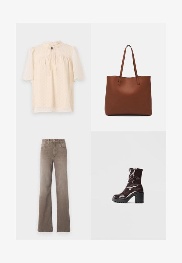 Blusa bege clara com mangas bufantes, tecido texturizado apresentando sutis bolinhas, decote em forma de buraco com laço, e acabamento em renda ao longo da pala.; Jeans castanhos de cintura alta, de perna reta, com botão frontal, passantes para cinto e design clássico de cinco bolsos em fundo branco.; Bota de tornozelo burgundy brilhante com um salto preto robusto, apresentando uma textura suave e um design simples. Sem fechos ou padrões visíveis.; Bolsa tote de couro castanho com uma textura suave, design de abertura superior e duas alças para o ombro. Apresenta costura mínima e sem hardware visível.