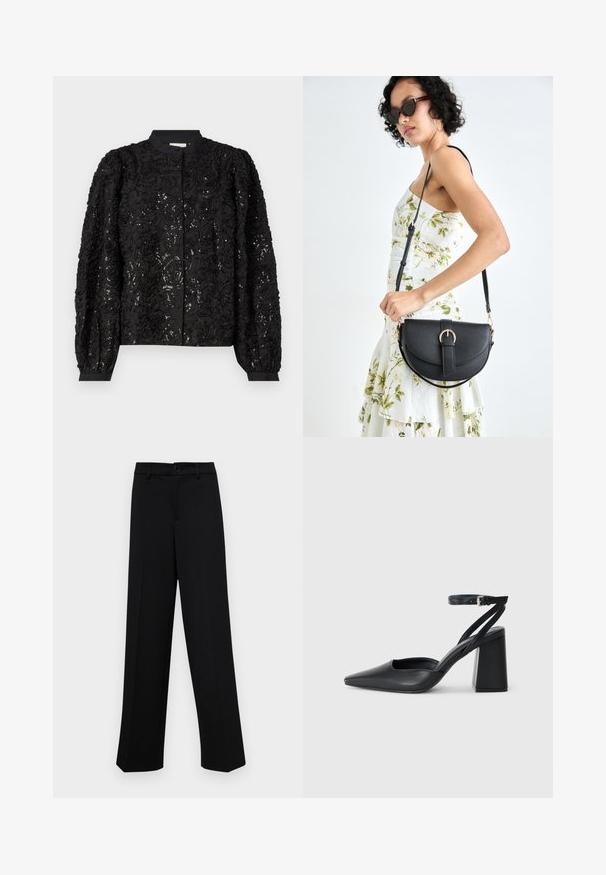 Fekete, virágmintás zakó, melyet flitterek díszítenek, kerek nyakkal és hosszú puffos ujjal rendelkezik, szűk mandzsettákkal, amely fokozza háromdimenziós megjelenését.; Fekete, széles szárú nadrág sima anyagból, klasszikus derékrésszel, gombzárral és elülső redőkkel.; Fekete bőr, hegyes orrú magassarkú cipő boka pánttal és vastag sarokkal. Sima textúra, elegáns dizájn és minimális esztétika.; Fekete bőrtáska ívelt formával, levehető pánttal és arany színű fémrészekkel. A táskán egy csattal díszített fedél található.