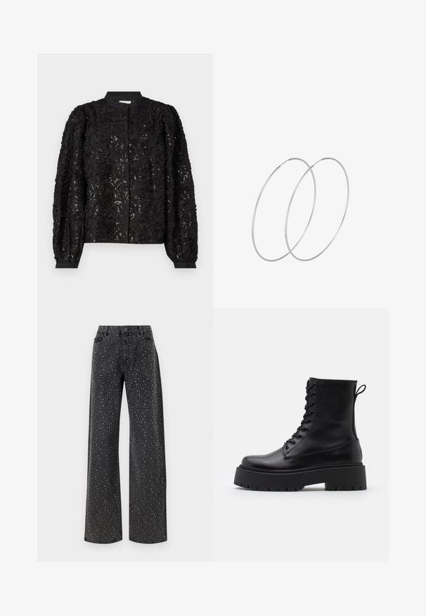 Schwarze Jacke mit floralem Muster, verziert mit Pailletten, abgerundetem Kragen und langen puffärmel mit angepassten Manschetten, die ihr dreidimensionales Design betonen.; Noisy May NMJANNEL LOOSE - Jeans Relaxed Fit - black denim; Schwarze Lederstiefeletten mit runder Zehenpartie, Schnürung vorne und einer dicken Gummisohle mit strukturiertem Profil. Mit Zugschlaufe an der Rückseite.; Silberne Creolen mit minimalistischem Design. Rundform, glatte Oberfläche und dünnes Profil. Leichtgewichtig mit hochglänzender Oberfläche.