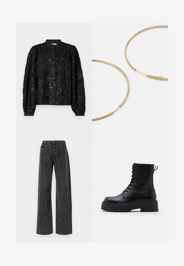 Schwarze Jacke mit floralem Muster, verziert mit Pailletten, abgerundetem Kragen und langen puffärmel mit angepassten Manschetten, die ihr dreidimensionales Design betonen.; Noisy May NMJANNEL LOOSE - Jeans Relaxed Fit - black denim; Schwarze Lederstiefeletten mit runder Zehenpartie, Schnürung vorne und einer dicken Gummisohle mit strukturiertem Profil. Mit Zugschlaufe an der Rückseite.; Goldfarbene Ohrringe in Form von dünnen, runden Kreolen, mit einer glatten, metallischen Oberfläche und ohne Verzierungen oder Muster.