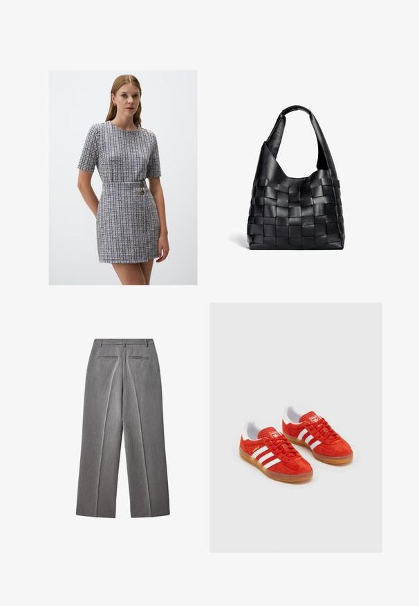 Korte mouw jurk in een zwart-wit geblokt patroon, met gouden knoopaccenten en een fitted taille. Gestructureerd materiaal.; Grijze op maat gemaakte broek met een vlakke voorkant, rechte pijpen, twee achterzakken en een subtiele textuur.; Rode suède sneakers met witte strepen, rubberen gumzool, gewatteerde kraag en logo op de tong. Klassiek ontwerp met textuur op de bovenkant.; Zwarte leren geweven tote bag met een slouchy vorm en een brede schouderriem. Kenmerkt zich door een gestructureerd, verweven ontwerp met een gladde afwerking.