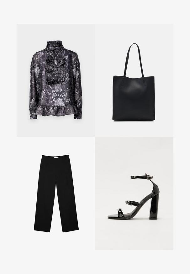 Blúzka s hadím vzorom v čiernej a sivej farbe, s vysokým golierom, nariaseným predným klopom, uzáverom na gombíky a nariaseným spodným okrajom. Dlhé rukávy s manžetami.; Široké nohavice z čierneho materiálu, s hladkým povrchom, čistým dizajnom a diskrétnym bočným zipsom na zapínanie.; Čierne lakované sandále na vysokom opätku s dvoma prackami, štvorcovou špičkou a hrubým blokovým opätkom, s hladkou, lesklou textúrou.; Čierna kožená taška na rameno s hladkým povrchom, obdĺžnikovým tvarom a dvoma dlhými uchami. Bez viditeľného kovania alebo ozdôb.