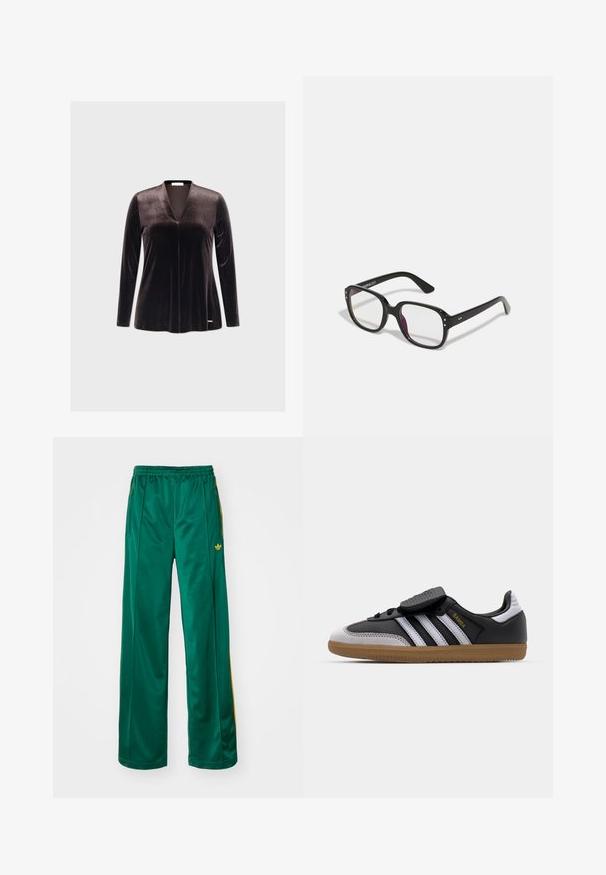 Mørk fløjl langærmet top med dyb V-udskæring, glat tekstur og minimalistisk design. Har et subtilt logo på kanten.; Grønne satin atletikbukser med en afslappet pasform, der har gule stribeaccenter og et broderet logo på venstre side. Elastisk talje.; Sort læder og grå ruskind sneakers med hvide striber, gummisål, snørebånd foran og velcrolukning. Har "Samba" branding i guld.; Sorte rektangulære briller med klare linser, der har afrundede kanter og sideaccenter, med en blank finish på stellet og arme.
