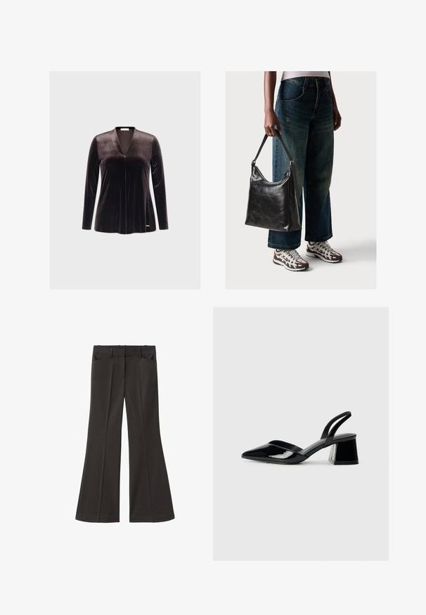Dunkles Samt-Oberteil mit langen Ärmeln und tiefem V-Ausschnitt, glatter Textur und minimalistischer Gestaltung. Verfügt über ein dezentes Logo am Saum.; Schwarze, weit geschnittene Hosen mit hoher Taille; verfügt über zwei Fronttaschen und eine glatte Stoffoberfläche. Geeignet für verschiedene Anlässe.; Schwarze Lackleder-Slingback-High Heels mit spitzem Schuh und einem geometrischen Blockabsatz. Verfügt über ein schlankes, minimalistisches Design und eine glatte Textur.; Schwarze Leder-Schultertasche mit glatter Textur und verstellbarem Riemen, kombiniert mit ausgewaschenen weit geschnittenen Jeans und sportlichen Sneakern.