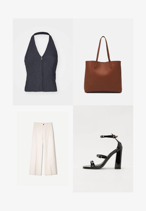 Tmavě modrá halter top s hlubokým V-výstřihem, předním zipovým uzavřením a přiléhavým střihem. Hladká textura a minimalistický styl.; Krémové široké kalhoty s tailored designem, které mají dvě přední kapsy a jedno zapínání na knoflík vpředu, vyrobené z hladkého materiálu.; Černé lakované sandály na vysokém podpatku se dvěma pásky se sponami, čtvercovou špičkou a robustním blokovým podpatkem, s hladkou, lesklou texturou.; Hnědá kožená taška přes rameno s hladkou texturou, otevřeným designem a dvěma ramenními popruhy. Obsahuje minimální švy a žádné viditelné kovové prvky.