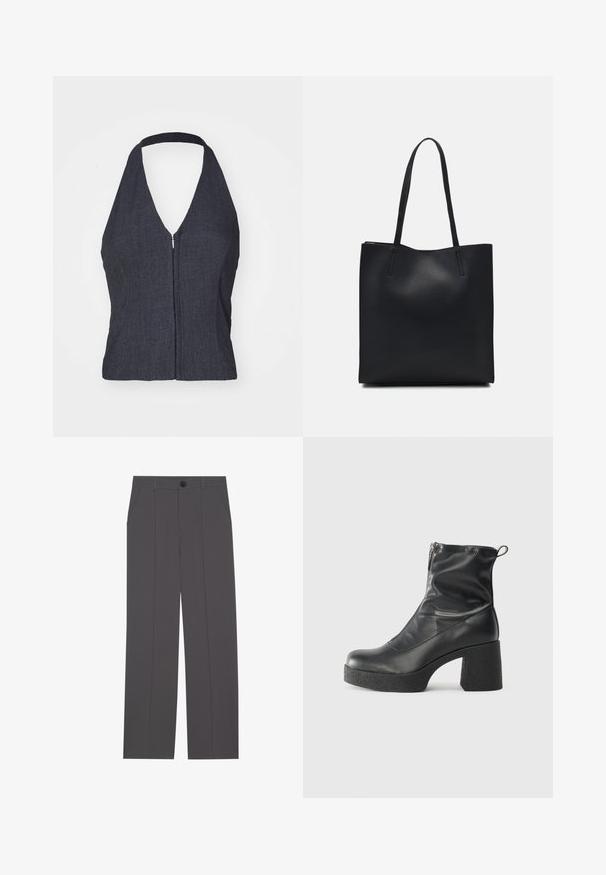 Tume denimist halter-top sügav V-dekolteega, ees lukk ja kehasse sobiv disain. Sujuv tekstuur ja minimalistik stiil.; Hallid hallid püksid otse jala lõikega, millel on kaks küljetaskut ja nööbisahtel. Sile kangas ilma nähtavate mustrite või aktsentideta.; Mustad mustad ansapüksid, mis on valmistatud siledast nahast, külje zipperiga, paksu tekstuuriga kontsaga ja ümmarguse nina disainiga.; Mustast nahast kott sujuva tekstuuriga, ristkülikukujuline ja kahe pika sangaga. Pole nähtavat riistvara ega kaunistusi.