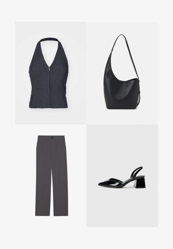 Top halter em denim escuro com um decote em V profundo, fecho de zíper frontal e design justo. Textura suave e estilo minimalista.; Calças cinzas com um design de perna reta, apresentando dois bolsos laterais e um fecho de botão. Tecido suave sem padrões ou detalhes visíveis.; Sandy em verniz preto com salto slingback, ponta afilada e salto geométrico. Apresenta um design elegante e minimalista com textura suave.; Saco hobo preto em pele com uma textura lisa, forma curva e uma única alça ajustável; apresenta uma abertura larga na parte de cima.