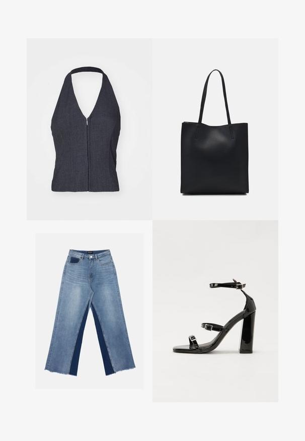 Tamsiai mėlyna džinsinė halterio tipo palaidinė su gilia V formos iškirpte, priekyje esančiu užtrauktuku ir prigludusia forma. Lygus paviršius ir minimaliai stilingas dizainas.; Šviesiai mėlynos plačiakančios džinsai su kontrastingais tamsiai mėlynais įdėklais, suplėšytais kraštais ir standartine liemeniu su metaliniu užsegimu.; Juoda blizgi lakuota basutė su kvadratiniu pirštu, kulkšnies dirželiais ir sidabro sagtimis. Yra tvirta blokinė kulno konstrukcija, užtikrinanti stabilumą.; Juodas odinis tote krepšys su lygia tekstūra, stačiakampio formos ir dviem ilgais rankenomis. Matomų metalinių detalių ar puošybos nėra.