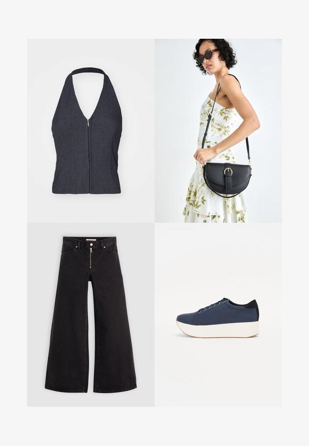 Tume denimist halter-top sügav V-dekolteega, ees lukk ja kehasse sobiv disain. Sujuv tekstuur ja minimalistik stiil.; Laiad teksad mustast denimist, millel on lukuga eesmine osa, viie taskuga disain ja peened õmblusdetailid. Sile tekstuur ja juhuslik stiil.; Tumedat sinised tennised tekstureeritud riidest pealispinnaga, valge platvormi tallaga, ümarate varvaste ja musta kontsapaneeliga. Omab kuut silma paelte jaoks.; Mustmust mustraha kõverate joontega, eemaldatava rihmaga ja kuldsete detailidega. Kotil on klapp, millel on pandladetail.