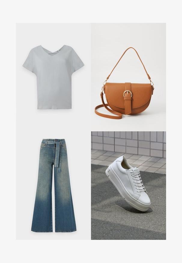 Gai pelēks īsu piedurkņu tops ar V veida kakla izgriezumu un krustveida detaļu kakla daļā, izgatavots no mīksta auduma ar gludu tekstūru.; Platām kājām džinsu bikses ar gaismas līdz tumši zilam gradientam, augstu jostas līniju, jostas cilpām un atbilstošu auduma jostu. Tekstūrēts džinsas apdare.; Baltas ādas sporta apavi ar zemu augšanas dizainu, plakaniem šņorēm, noapaļotu purngalu un teksturētām malām. Bieza gumijas zole ar smalkām akcentiem.; Brūns ādas plecu soma ar izliekta formu, zelta piederumiem un sprādzes akcentu. Iesaiņota ar noņemamu plecu siksnu.