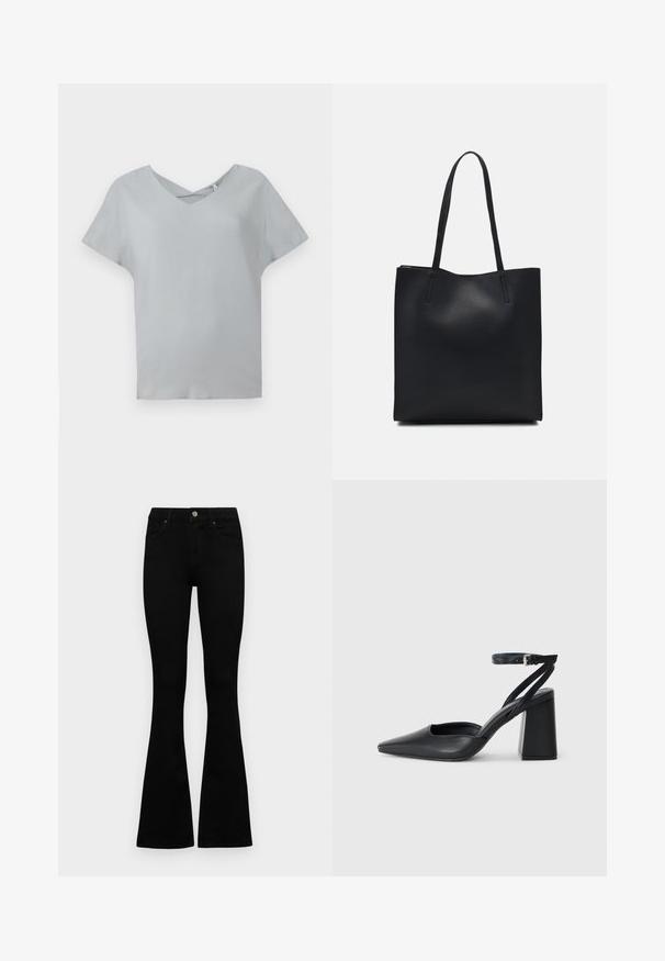 Light gray short-sleeve top with a V-neck and crossed detail at the neckline, made from soft fabric with a smooth texture.; Black flared jeans made of denim. Features a button closure, five pockets, and a smooth texture. The flared leg starts below the knee.; Black leather pointy-toe pump with an ankle strap and a chunky heel. Flat texture, sleek design, and minimalistic aesthetics.; Black leather tote bag with smooth texture, rectangular shape, and two long handles. No visible hardware or embellishments.