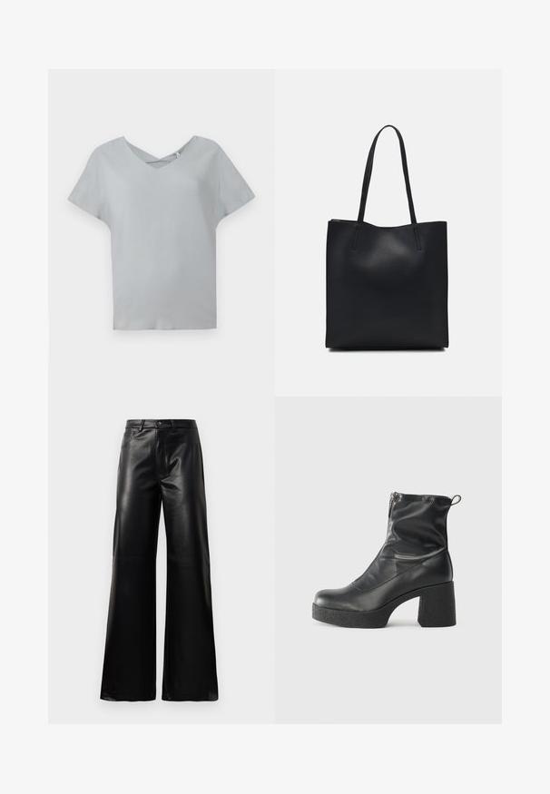 Light gray short-sleeve top with a V-neck and crossed detail at the neckline, made from soft fabric with a smooth texture.; Black high-waist wide-leg faux leather pants with front button, zip closure, belt loops, and side pockets on white background.; Black ankle boots made of smooth leather, featuring a side zipper, chunky textured heel, and rounded toe design.; Black leather tote bag with smooth texture, rectangular shape, and two long handles. No visible hardware or embellishments.