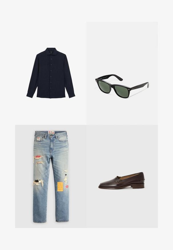 Reiss REGULAR FIT - RUBAN BUTTON-THROUGH - Srajca - navy; Bela dolgimi rokavi in okruglim ovratnikom, izdelana iz mehkega materiala, z ohlapnim krojem in brez vidnih logotipov ali vzorcev.; Svetlo modri jeans z ležernim rezom, z obrzdanimi področji v različnih barvah in vzorcih, vključno z oranžnimi in rdečimi detajli.; Rjavi usnjeni loafers z rahlo koničastim nosom, nizkim kupolastim peto in okrasnim šivom na zgornjem delu. Gladka tekstura, minimalističen dizajn.; Črne plastične sončna očala z zelenimi lečami, kvadratni okvirji, srebrni detajl na obrvi in teksturirani ročaji. Blagovna znamka navedena na notranji strani ročaja.