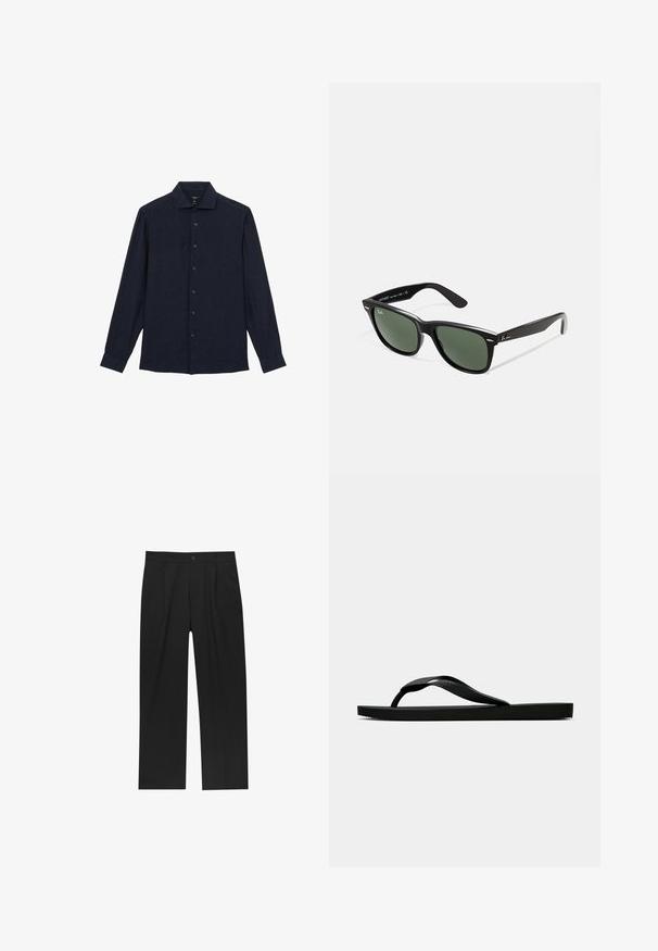 Reiss REGULAR FIT - RUBAN BUTTON-THROUGH  - Shirt - navy; Black cotton t-shirt with short sleeves and a crew neckline. Features white text "ALLSAINTS" and "LONDON" on the left chest area.; Black pants with a straight-leg design, made from a smooth fabric. Features front pleats and a single button closure at the waist.; Black rubber flip-flop sandal with a textured thong strap and simple flat sole, shown from side on a plain light background.; Black plastic sunglasses with green lenses, square frames, silver accent on the brow, and textured temple arms. Stated brand on inner arm.