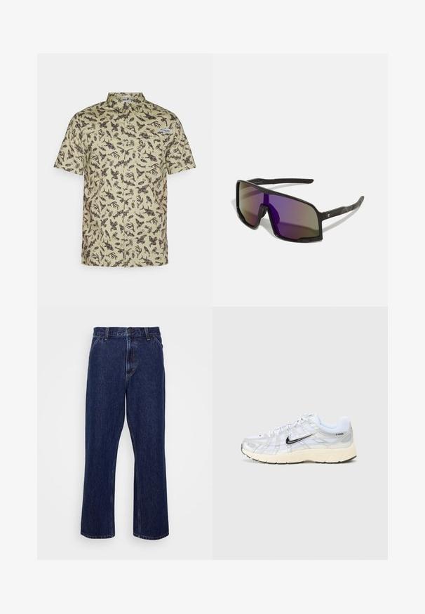 Κοντομάνικο πουκάμισο με κουμπιά σε ανοιχτό πράσινο βαμβάκι με σκούρο καφέ αφηρημένο σχέδιο, διαθέτει τσέπη στο στήθος και γιακά.; Σκούρα μπλε τζιν παντελόνι με ευθεία γραμμή, διαθέτει κλείσιμο με κουμπί, πέντε τσέπες και διακριτές ραφές.; Λευκά διχτυωτά sneakers με ασημί λεπτομέρειες, μαύρο σήμα Nike, μαλακό κολάρο και υφασμάτινη σόλα. Διαθέτει επίπεδο σχεδιασμό για σταθερότητα.; Μαύρα αθλητικά γυαλιά ηλίου με μεγάλα, γωνιώδη φακούς που διαθέτουν gradiente από μωβ σε γκρι. Υφασμάτινοι μαύροι βραχίονες για καλύτερο κράτημα.