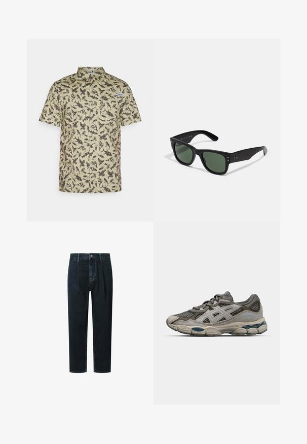 Krátky rukáv košeľa na gombíky z ľahkej zelenkavej bavlny s tmavohnedým abstraktným vzorom, so sakovým vreckom a golierom.; Tmavé džínsové nohavice s voľným strihom, vysokým pásom, záhybmi, predným zapínaním na gombík a zlatými kontrastnými stehmi.; Šedá a béžová športová obuv s priedušnými panelmi, bodkovanou textúrou a striebornými akcentmi. Vyznačuje sa polstrovanou podrážkou a viazaním.; Čierne obdĺžnikové slnečné okuliare so zelenými šošovkami, matný povrch, subtilné detaily a embosovaný logo na stranici.