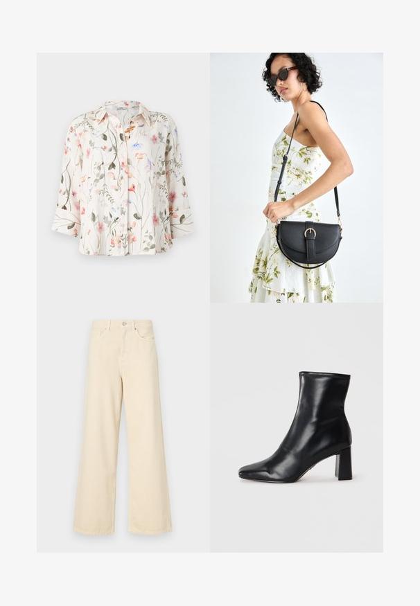 Camisa de botão floral em tecido leve, com flores em cores pastel e folhas verdes num fundo creme; mangas a três quartos.; Jeans de perna larga bege feitos de algodão. Apresentam um fecho de botão, passadores para cinto e bolsos frontais com uma textura lisa e suave.; Bota de tornozelo em couro preto com bico pontudo e um salto quadrado estruturado. Textura suave com um design elegante e minimalista.; Bolsa de couro preta com forma curva, alça destacável e detalhes em dourado. A bolsa possui uma aba com detalhe de fivela.