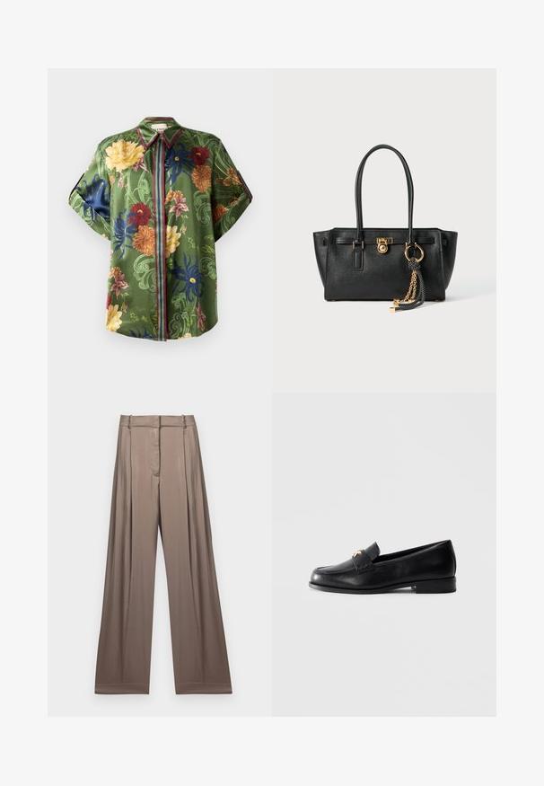 Camisa floral verde em satin com padrões florais multicoloridos, gola pontuda e detalhes listrados ao longo da pala dos botões e das mangas.; T-shirt branca cropped feita de algodão, com mangas curtas e o logótipo "MICHAEL KORS" em texto bordado correspondente na parte da frente.; Calças de perna larga numa cor taupe suave, feitas de um tecido liso com acabamento em cetim. Apresentam uma cintura bem ajustada e pregas subtis.; Sapo de couro preto tipo loafer com salto baixo e emblema decorativo dourado na tira, exibido sobre um fundo cinza claro liso.; Bolsa de pele preta com alças duplas, fecho dourado e detalhe em corrente, além de um acessório de tassel preto e branco, contra um fundo branco.