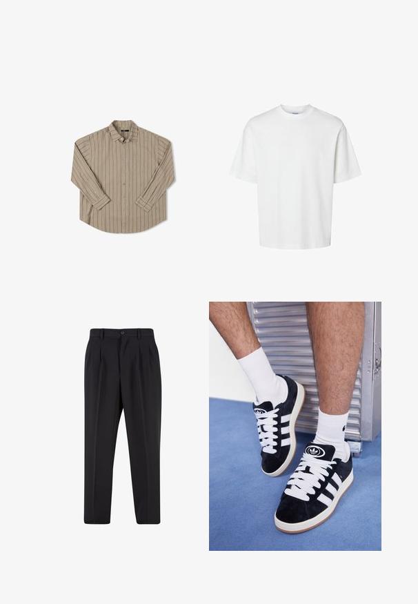 Bēša krūškurpes krekls ar garām piedurknēm, vertikālām svītrām, vienu krūšu kabatu, pogu apkakli un noapaļotu apakšu. Gluda auduma tekstūra.; Balts kokvilnas T-krekls ar īsām piedurknēm, apaļu kakla izgriezumu un brīvu piegriezumu. Gluda tekstūra bez redzamām rakstu vai akcentu detaļām.; Melni brīvie bikses ar krokotu priekšpusi, izgatavotas no gludas auduma. Iespējama poga aizdare un jostas cilpas; taisnu kāju forma.; Melni zamšaini sporta apavi ar baltiem šņorēm un trim baltām svītrām. Iekļauj arī apaļu melnu logotipu uz mēles un gumijas zoli.