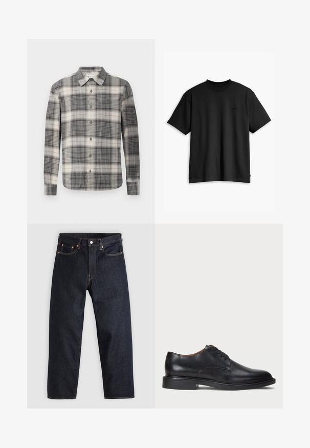 Camisa de manga longa em padrão xadrez preto e creme. Apresenta um fecho por botões na frente, colarinho clássico e um padrão de quadrados variado. Textura de tecido macio.; T-shirt preto de algodão com decote redondo e mangas curtas. Apresenta um logo discreto na parte da frente e uma barra reta. Design simples e minimalista.; Jeans de denim azul-escuro com corte reto, cinco bolsos, costura laranja em contraste e fecho de botão. Sem padrões ou adornos visíveis.; Sapato de vestido em couro preto com bico redondo, design com atacadores e um salto baixo empilhado. Textura suave com detalhes de costura mínimos.