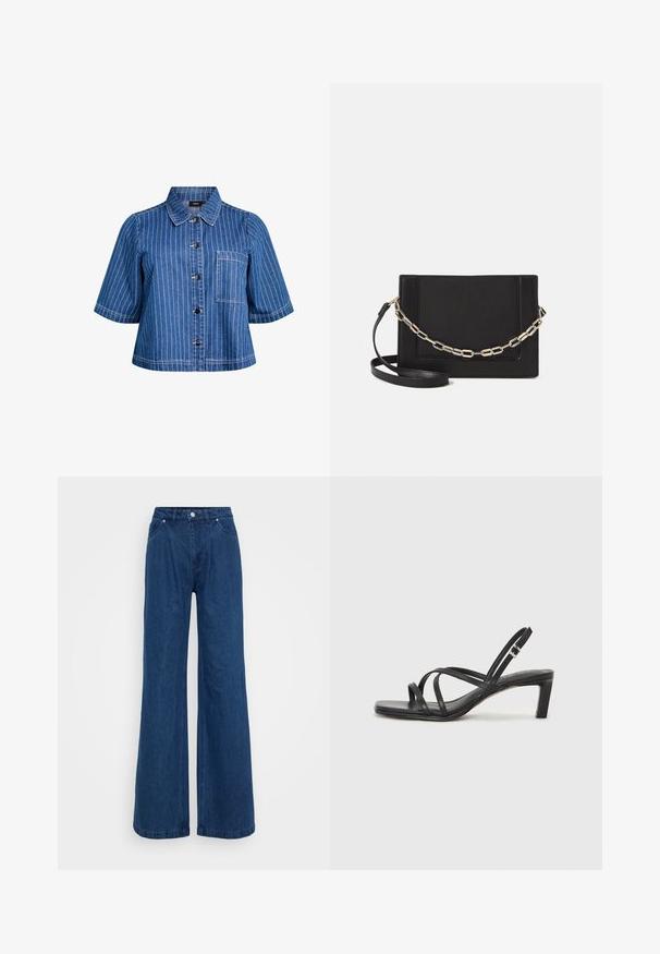 Tumedast sinisest denimist lühikeste varrukatega jakk, millel on valged vertikaalsed triibud, nööbiga sulgemine, krae ja eesmine tasku. Sujuv tekstuur ja vabakava disain.; Hallise jalgadega sinised denim püksid kõrge vöökohaga, ees nupuga ja tõmbluku sulguri ning ees ja taga taskutega, lihtsa tausta ees.; Mustast rihmajalatsid ruudukujulise varba ja madala ploki kontsaga. Omab mitmeid õhukesi rihmasid ja reguleeritavat pahkluu rihma. Valmistatud siledast nahast.; Mustast nahast õlakott, mis omab siledat tekstuuri, ristküliku kuju ning esiküljel metallketi detaili. Reguleeritav rihm on kaasas.