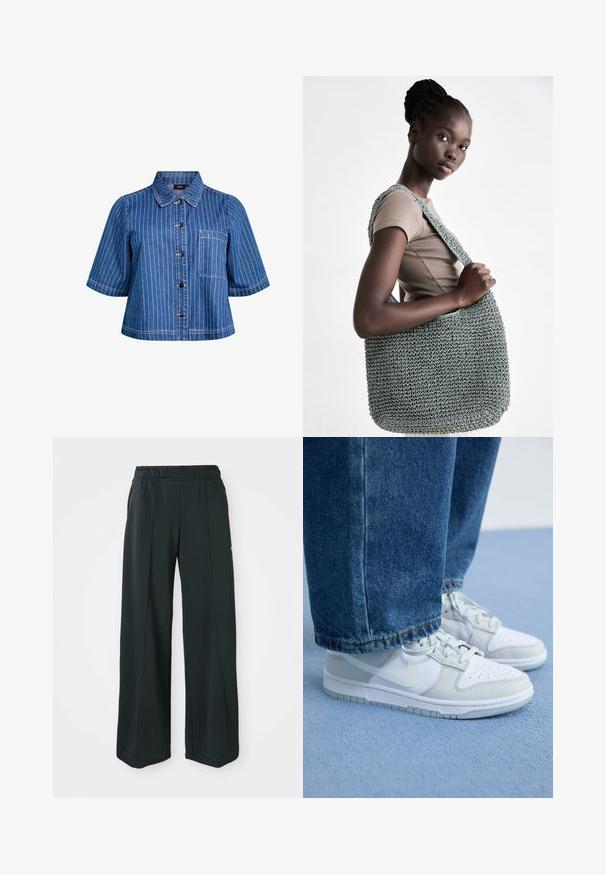 Tumedast sinisest denimist lühikeste varrukatega jakk, millel on valged vertikaalsed triibud, nööbiga sulgemine, krae ja eesmine tasku. Sujuv tekstuur ja vabakava disain.; Mustad, laiad spordipüksid elastse vööniidega. Valmistatud siledast, venivast kangast, millel on kerge esiseam ja ei ole taskuid.; Nike tossud valgest ja helesinisest nahast, millel on augulised varbakatted, tasased paelad ja kummist talla, koos siniste teksadega.; Hallikas heegeldatud kott tekstureeritud viimistlusega ja laia tasapinnalise sangaga, hoitud beeži topi vastu, omades avarat ja struktureeritud disaini.