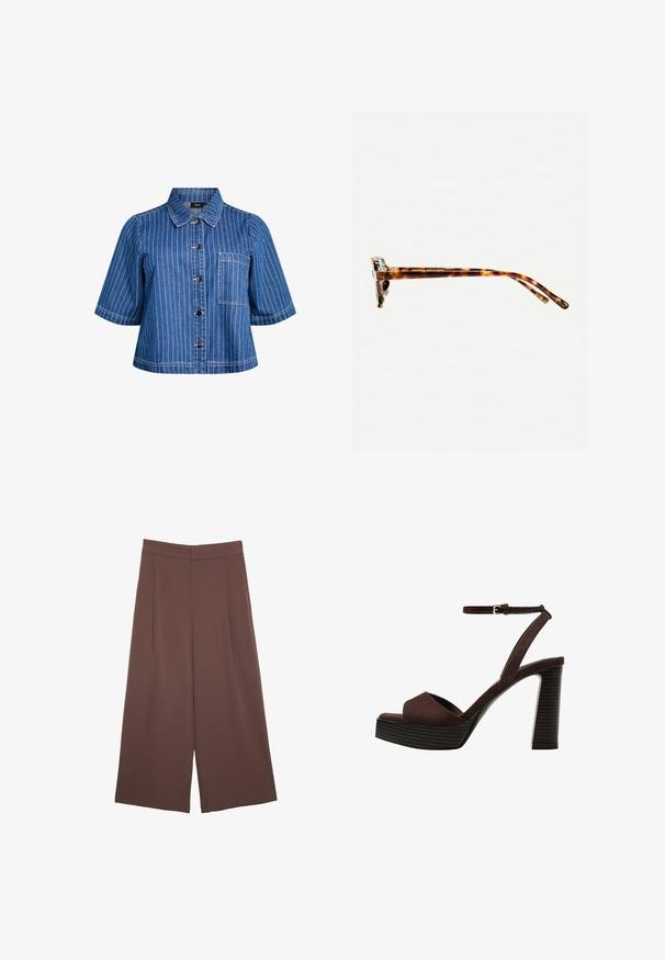 Kortærmet denimjakke i mørkeblå med hvide lodrette striber, knaplukning, krave og frontlomme. Glat tekstur og afslappet design.; Brune bredbunde bukser med en glat tekstur, der har høj talje og plisseringer foran. Stoffet er let og falder løst.; Brune ruskinds højhælede sandal med åben tå, justerbar ankelrem og en stribet plade sål.; Skildpaddemønstret solbriller med en tyk ramme, let buede stænger og glat overflade. Har et klassisk design med en blank finish.
