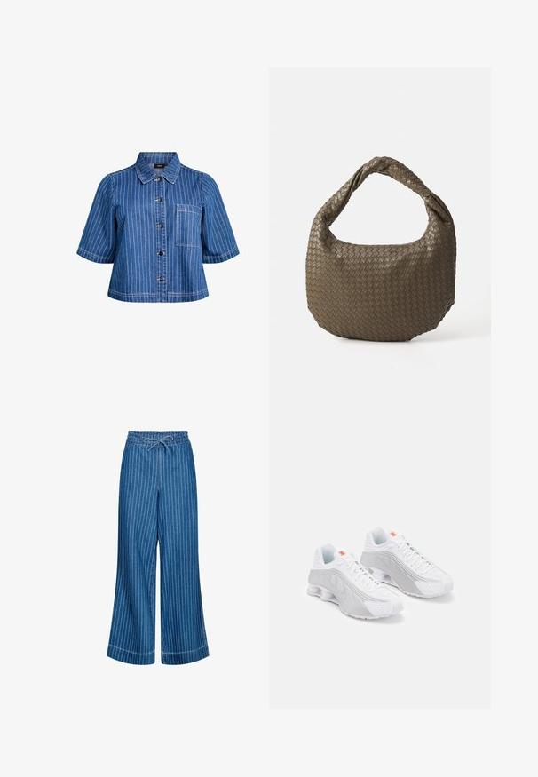 Short-sleeve denim jacket in dark blue with white vertical stripes, button closure, collar, and front pocket. Smooth texture and casual design.; Blue denim wide-leg trousers with white vertical stripes. Features a drawstring waistband and a smooth texture. Accent stitching visible.; White running shoes with grey accents, featuring a textured upper, perforations for ventilation, and segmented heel for cushioning.; Woven olive green handbag with a rounded shape and a twisted handle. Textured surface features a diagonal pattern. Zipper closure.